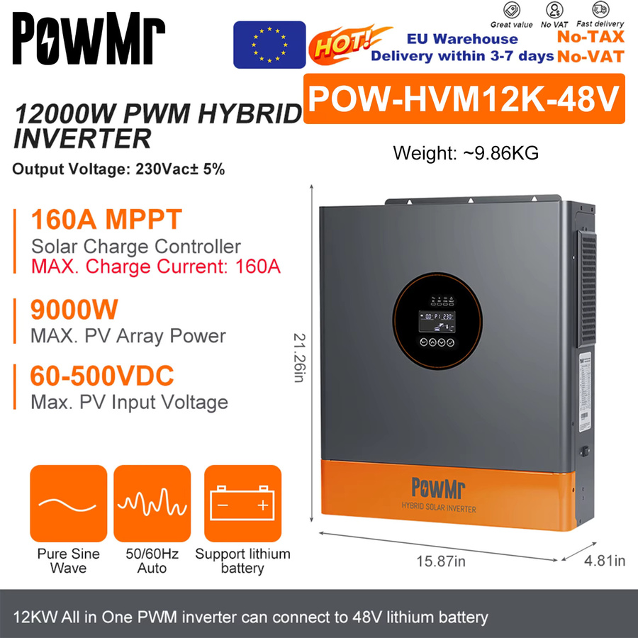 PowMr 12000W 48V Hybrid Solar Wechselrichter mit MPPT 160A Laderegler, Doppel-PV 60-450VDC, 15000W Eingang, Netzunabhängiger Sinus UPS für Blei- und Lithiumakkus - Bild 6
