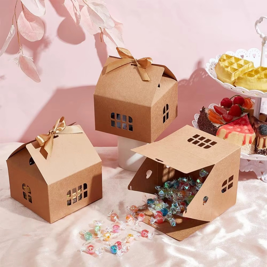 12er Set hausförmige Geschenkboxen aus hellbraunem Kraftpapier mit Bändern für Kekse und Bäckereiwaren - Bild 2