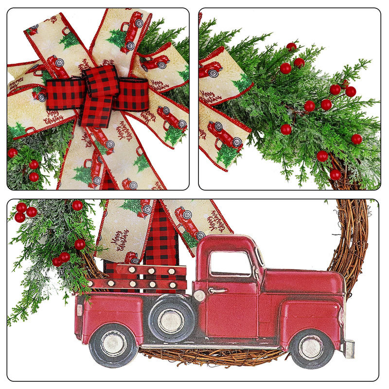 TOMTOP JMS Künstlicher Weihnachtskranz mit rotem Lastwagen in Landhaus-Stil, Rot, Durchmesser: 30 cm - Bild 5