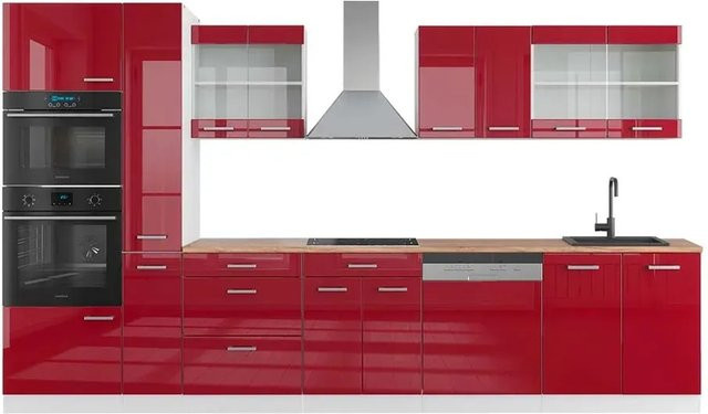 Vicco R-Line Küchenzeile Bordeaux Hochglanz und Weiß mit Hochschrank Eiche, Breite: 350 cm - Bild 1