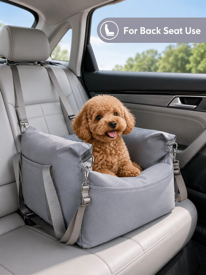 Hunde-Autositz von sindax aus Polyesterstoff in Grau und Blau mit abnehmbarem Kissen und Sicherheitsgurten als gemütliches Reisebett für kleine Hunde - Bild 3