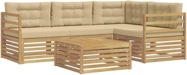 vidaXL Outdoor-Sofagarnitur in L-Form aus Akazienholz mit Kissen und Couchtisch, Weiß und Beige - Bild 1