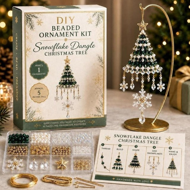 YWdingji DIY Weihnachtsbaumschmuck-Set mit Perlen und Schneeflocken in Rot, Grün, Gold und Weiß - Bild 1