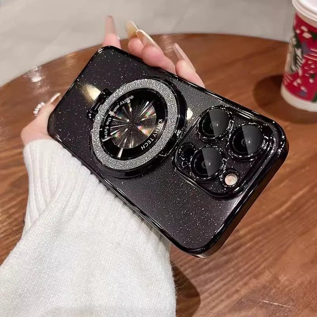 Aibairuixin Plating Glitter MagSafe Magnetständer Hülle für iPhone 16 15 14 13 12 11 Pro Max, transparente harte Rückseite - Bild 1