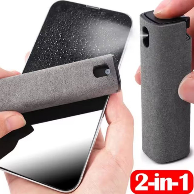 2in1 Mikrofaser Bildschirmreiniger Spray mit Reinigungstuch für Handy, iPad und Computer in Grau - Bild 1