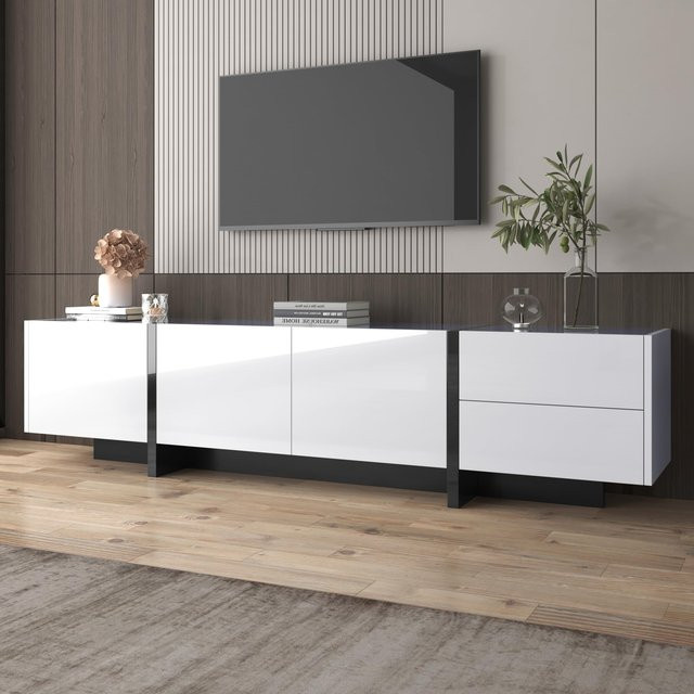 Modernes Flieks TV Lowboard in Weiß oder Schwarz mit Stauraum, B/T/H: 190 x 45 x 35 cm - Bild 1