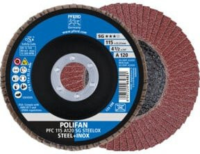 PFERD TOOLS POLIFAN Fächerscheibe PFC konisch A120 SG STEELOX für Stahl und Edelstahl, Durchmesser: 115 mm, Bohrung: 22,23 mm, Mehrfarbig - Bild 1