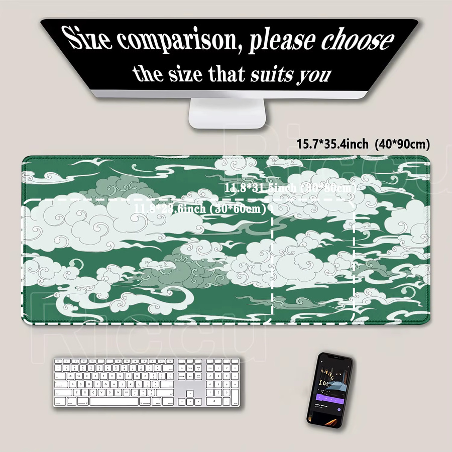 Riccu Gaming Mousepad Wolke Cartoon in Grün, rutschfeste Schreibtischunterlage XXL, B/T: 90 x 40 cm - Bild 2
