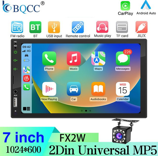BQCC FX2W 7 Zoll 2DIN Autoradio MP5 mit CarPlay, Android Auto, Bluetooth, AUX, USB und TF-Karte in Schwarz mit 7-Farben-Beleuchtung - Bild 1