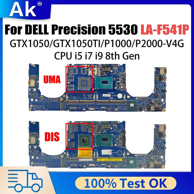 Dell Precision 5530 und XPS 15 9570 Laptop-Motherboard LA-F541P mit I5 I7 I9 CPU und GTX1050 GTX1050TI P1000 P2000 Grafikkarte in Blau - Bild 1