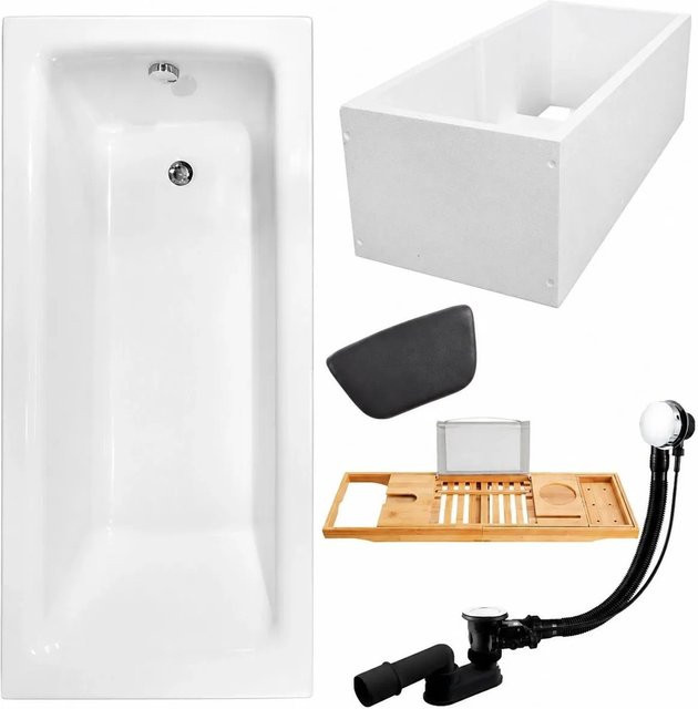 KOLMAN Badewanne KODI rechteckig aus Acryl in Weiß oder Schwarz inklusive Wannenträger, Bambus-Badewannenablage, Kopfstütze, Ablauf und Füßen, B/T: 160 x 75 cm - Bild 1