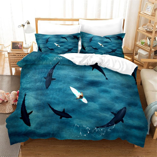 Lodestar Bettwäscheset mit 3D Haie Motiv in Blau, bestehend aus Bettbezug und Kissenbezug, B/H: 140 x 210 cm - Bild 1