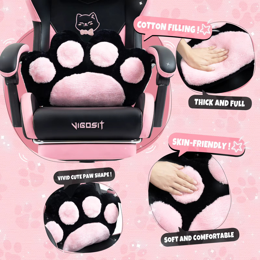 VIGOSIT Gaming-Stuhl mit Katzenohren in Schwarz-Weiß, ergonomischer Computerstuhl für Mädchen mit Massage-Lendenwirbelstütze, Kopfstütze, Fußstütze und Liegefunktion, aus Kunstleder - Bild 2