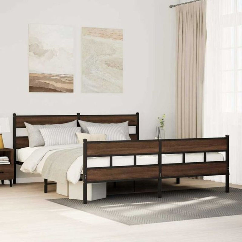 Metallbett Vidaxl in Braun mit Eichen-Optik im Industrial-Stil, B/T/H: 183 x 213 cm - Bild 1
