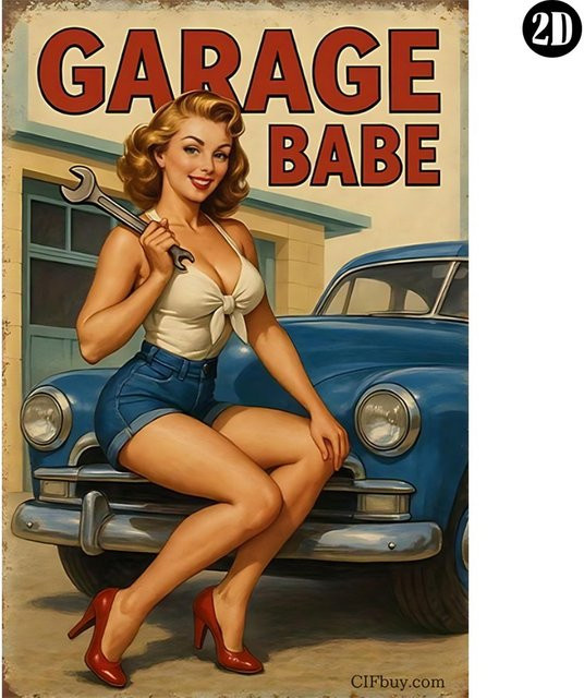 HELLOYOUNG Vintage Blechschild Garage Babe Pin-Up Girl Retro Wanddekoration aus Metall, Mehrfarbig, Breite: 20,32 cm, Höhe: 30,48 cm - Bild 1