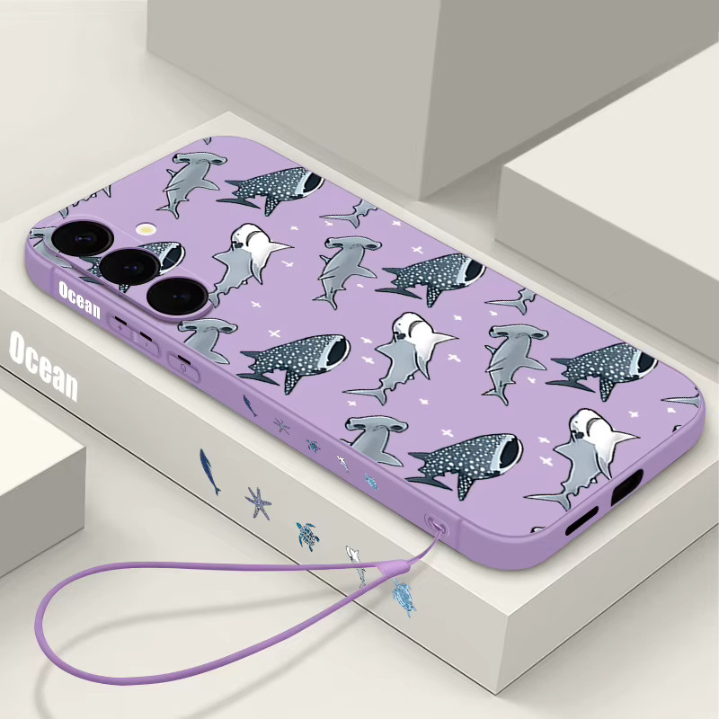 YISHANGOU Silikonhülle mit Hai-Muster und Trageschlaufe für Samsung Galaxy S25 S24 S23 S22 Ultra Plus S21 FE sowie S20, magnetische Handyhülle in Beige, Weiß oder Lila - Bild 1