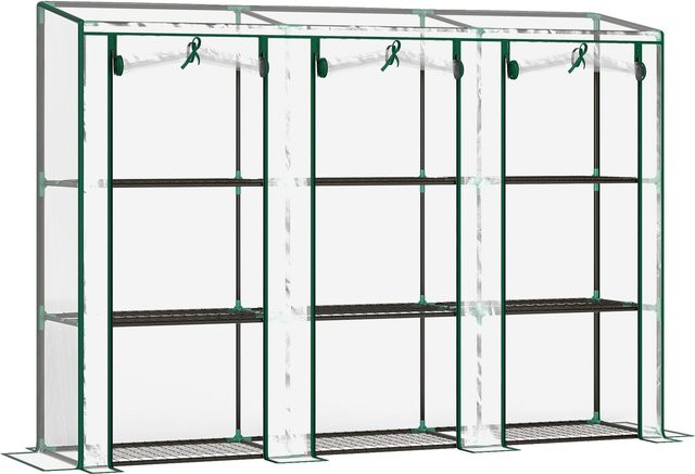 Outsunny Mini-Gewächshaus mit 9 Regalen und 3 Ebenen, transparente Kunststoffplane und aufrollbaren Türen, B/T/H: 215 x 46 x 151/144 cm - Bild 1