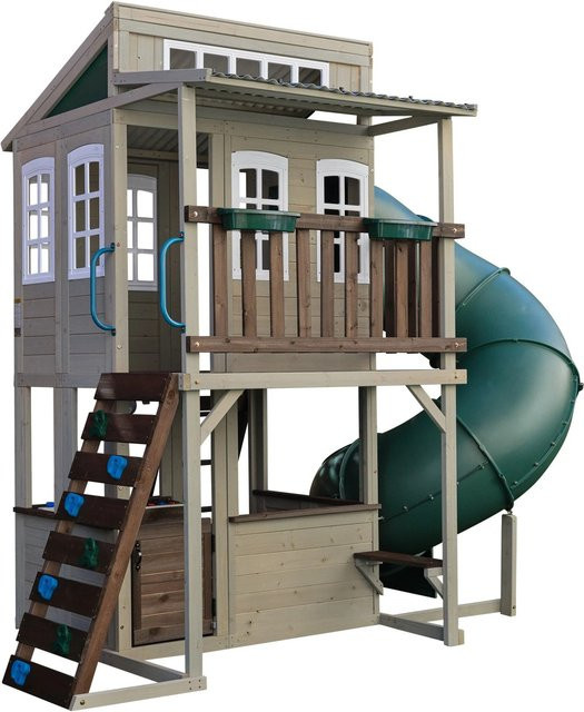 KidKraft Cozy Escape Spielturm Grau – Zweistöckiges Outdoor Klettergerüst aus Holz und Kunststoff mit Rutsche, Kletterwand und Spielküche - Bild 1
