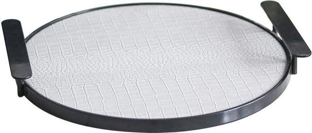 Modernes geometrisches Luxus-Ledertablett mit rundem Griff und Ornamenten in Weiß, Durchmesser: 40,0 cm - Bild 1