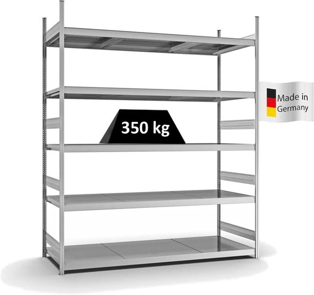 PROREGAL Weitspannregal Stecksystem T-Profil mit 5 Ebenen und Stahlplatten, verzinkt, Farbe: Silber, H x B x T: 300 x 250 x 80 cm - Bild 1