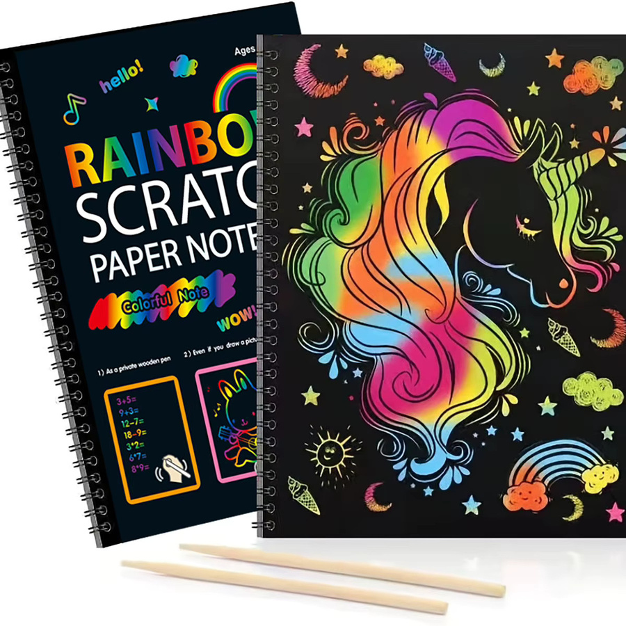 2er-Pack Regenbogen-Kratzpapier für Kinder, DIY Neon-Kratzbuch mit Holzstab, Schwarz und Mehrfarbig - Bild 4