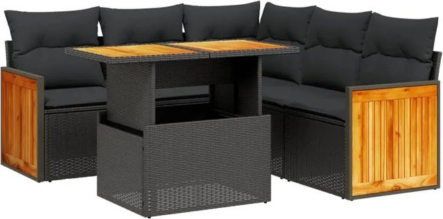 vidaXL 6-teilige Garten-Sofagarnitur in L-Form aus schwarzem Poly-Rattan mit Kissen und Akazienholz - Bild 1
