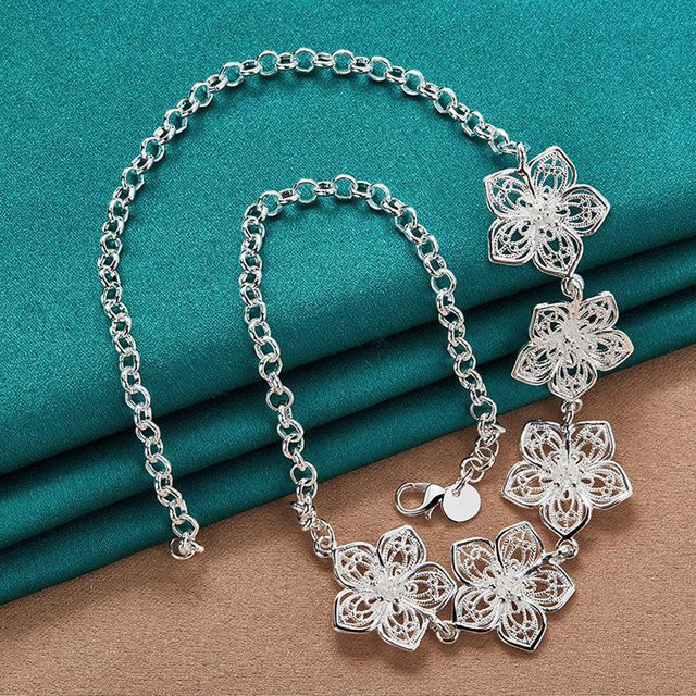 URMYLADY Halskette mit Blumen Anhänger, 925 Silber, 50 cm, Damen - Bild 1