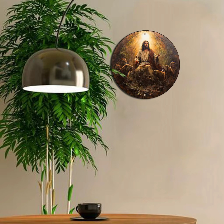 Potdemiel Rundes Metallschild im Vintage-Stil mit Jesus im Löwen-Den-Motiv, Durchmesser: 20 cm, Mehrfarbig - Bild 5