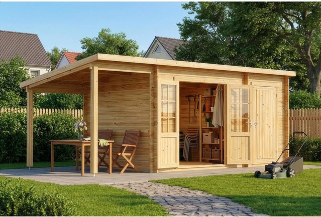 Alpholz Gartenhaus Maria-28 Natur mit Schleppdach B/T: 450 x 250 cm plus 150 cm Tiefe - Bild 1