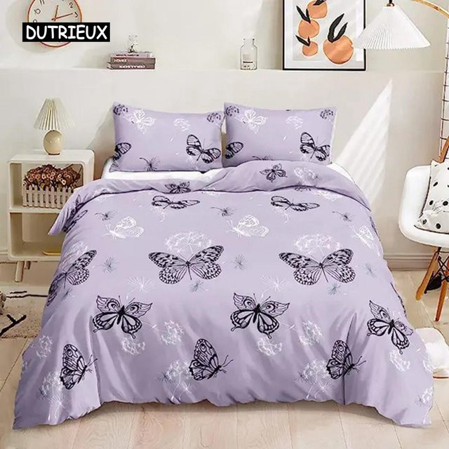 Bettwäsche-Set mit Regenbogen-Schmetterling und Blumen für Kinder und Teenager, Farbe: Rosa und Lila, Material: Mikrofaser, B/H: 200 x 200 cm - Bild 1