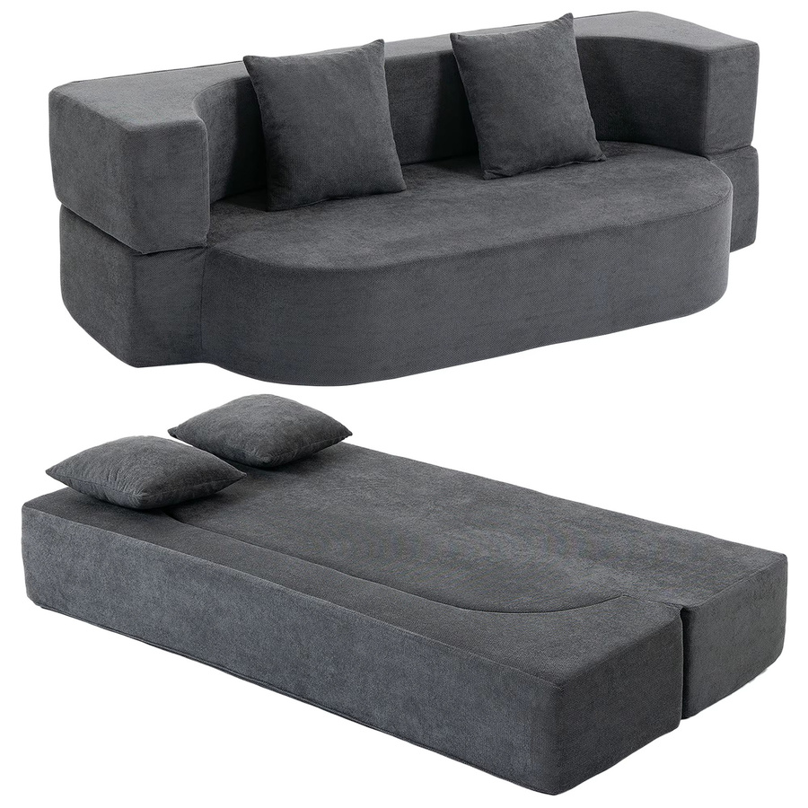 HOMCOM Schlafsofa 2-Sitzer Bodensofa klappbar in Dunkelgrau mit Chenille-Optik und 2 Kissen, Breite: 190 cm - Bild 2