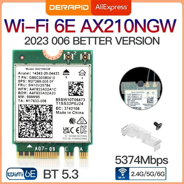 Intel AX210 WiFi 6E WLAN Karte mit Bluetooth 5.3, Tri-Band, 2,4 Gbit/s, M.2 NGFF Schnittstelle - Bild 1