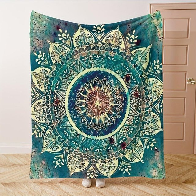 JMG Household Supplies Mandala Fleece Decke mit blau-grün-gelben Mustern, B/B: 130 x 150 cm - Bild 1