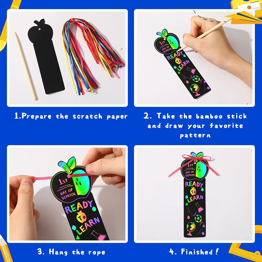 36-teiliges Set Kratz-Kunst-Lesezeichen in Multicolor mit Bambusstäbchen und Schnüren für kreative Bastelprojekte - Bild 2