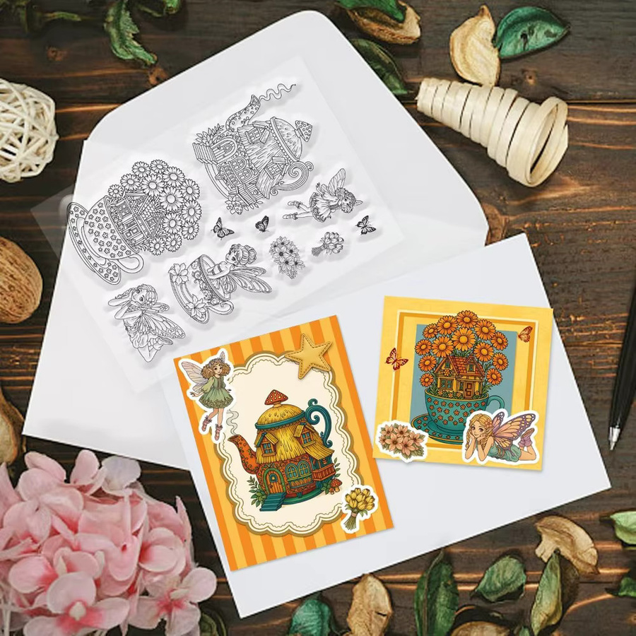 Transparente Stempel für die Kartenherstellung mit Teekanne, Hütte, Elfen und Schmetterlingen in Blumenstrauß-Optik - Bild 2