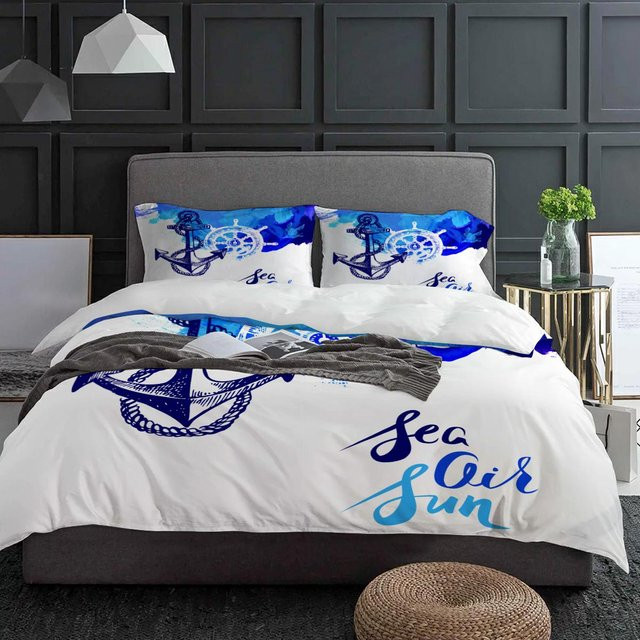Lodestar Bettwäsche Set 3-teilig mit Anker und Ruder Design in Blau und Weiß, Microfaser, B/H: 140 x 210 cm - Bild 1