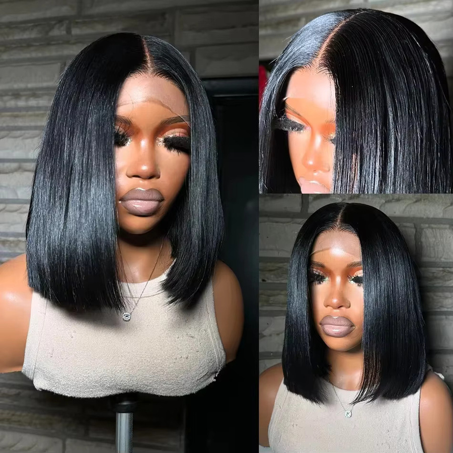 Bob-Perücke aus Echthaar, kurz, glatt, Natur Schwarz, 200 % Dichte, 13x4 HD Lace Frontal, Damen - Bild 5