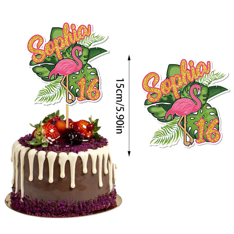 Personalisierter Kuchenaufsatz im Sommer-Flamingo-Design mit grünem Pflanzen-Motiv, individueller Name und Alter, tropische Hawaii-Tortendekoration, grün und mehrfarbig - Bild 5