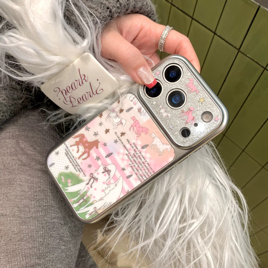 TROPLET Handyhülle mit Pastellfarbenem Collage-Design in Pink für iPhone 17 16 15 14 13 Pro Max mit Patchwork, Sternenhimmel, Pony und Glitzer-Kamera-Rahmen - Bild 3
