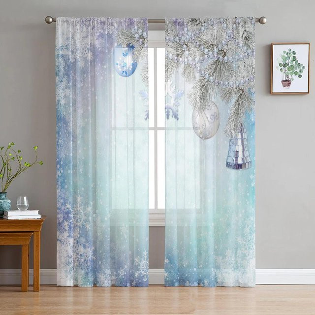 Yiran Furniture Transparentes Voile Organza Vorhang mit Schneeflocken und Sternen für Weihnachtsdeko, Blau, B: 135 cm, H: 115 cm - Bild 1
