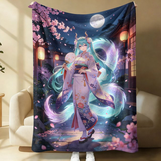 Hatsune Miku Kimono Drachen Flanell-Überwurfdecke in Multicolour, weiche Fleece-Decke mit floralem Design für Sommer und Reise - Bild 1