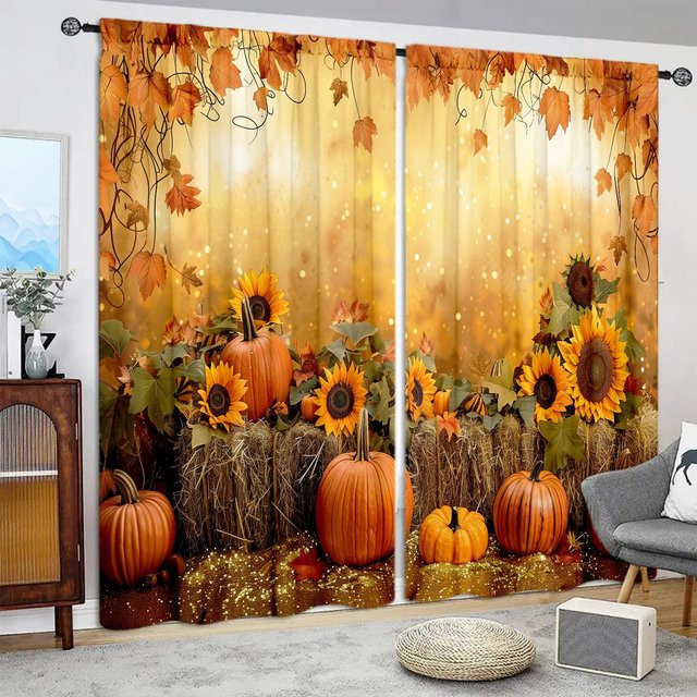 2er-Set Vorhang mit Kürbismuster in Orange von Household supplies MH, halbtransparent, Breite: 52,5 cm, Höhe: 116 cm - Bild 1