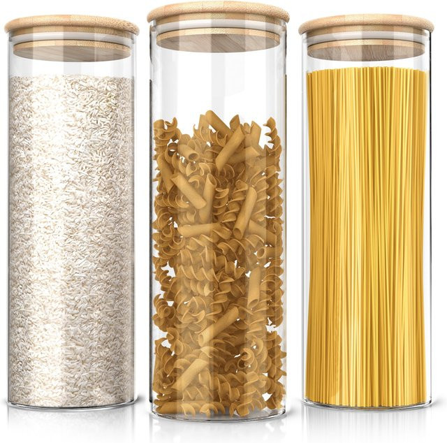 Arendo Glasbehälter-Set aus Borosilikatglas mit Bambusdeckel, 3-teilig, transparent, 1 l pro Behälter, luftdicht und mikrowellengeeignet - Bild 1