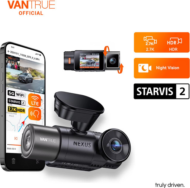 Vantrue N2X 2,7K HDR Dashcam mit 5G WiFi, GPS, IR Nachtsicht und Sprachsteuerung in Schwarz - Bild 1
