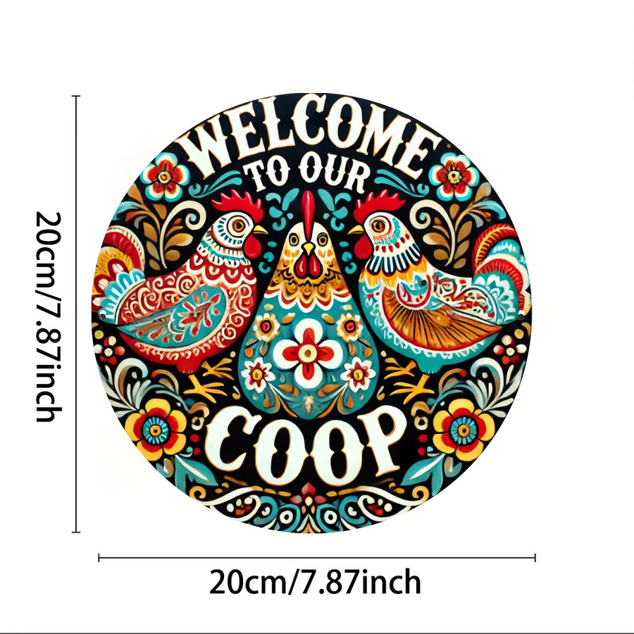 Rundes Vintage Aluminiumschild Potdemiel Willkommen in unserem Hühnerstall mit buntem Hahnen-Design, Durchmesser: 20,32 cm - Bild 3
