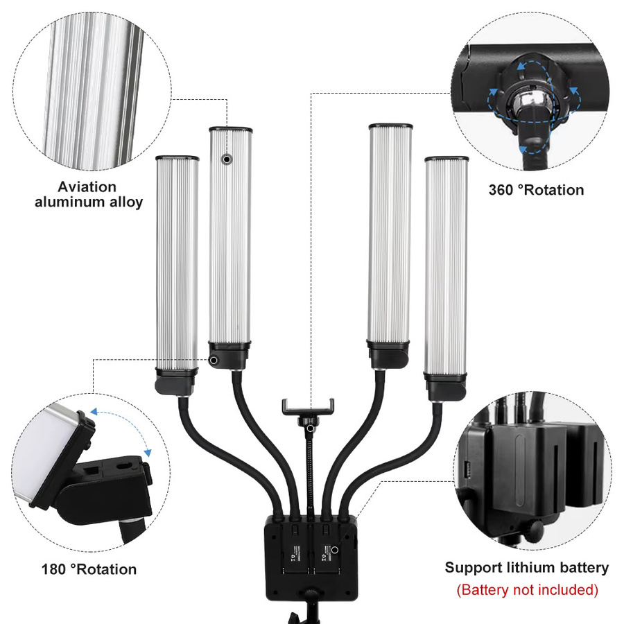 Dimmbare LED-Videoleuchte mit 80 W und vierarmigem Design, inkl. verstellbarem Stativ, Farbtemperatur 3000–6500 K, ideal für Make-up, Maniküre, Tattoo und Live-Streaming, Farbe: Weiß/Schwarz - Bild 5