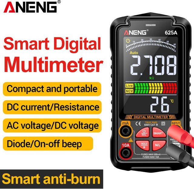 ANENG 625A Digitales Multimeter Schwarz: Wiederaufladbarer Smart Tester für DC Spannung, AC Strom, Amperemeter, NCV Voltmeter und Kondensatortest - Bild 1