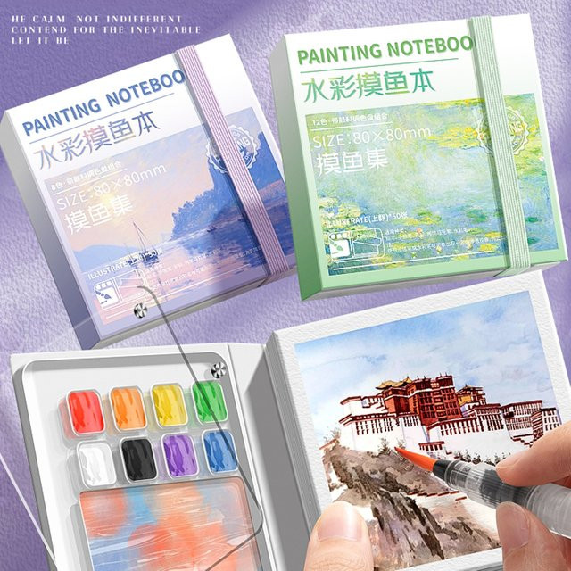 Mini-Aquarell-Malerei-Notizbuch mit Pigment-Palette in Grün, tragbares Skizzenbuch mit Hardcover und blanken Seiten für kreative Zeichnungen - Bild 1
