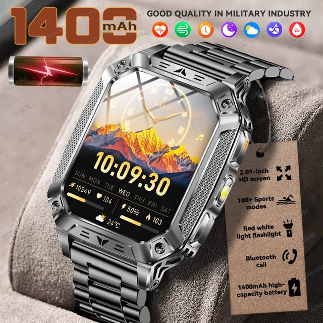 GUHUAVMI Militärische Outdoor Ultra-Sport-Smartwatch für Herren mit Bluetooth-Anruf, 5ATM wasserdicht und Rotlicht-Taschenlampe, Blau - Bild 1