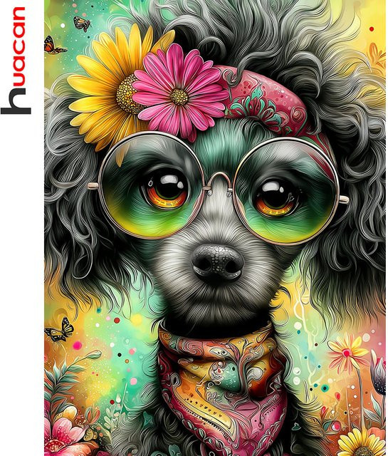 Huacan DIY Diamantmalerei Hund mit Gänseblümchen als Diamantmosaik Set in Multicolour, B/H: 30 x 20 cm - Bild 1